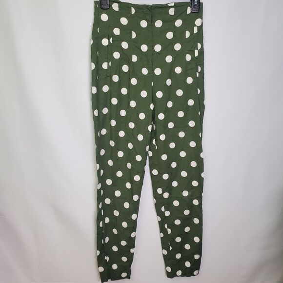 Zara Green Polka Dot Linen Blend Pants Size Small - Picture 2 of 8